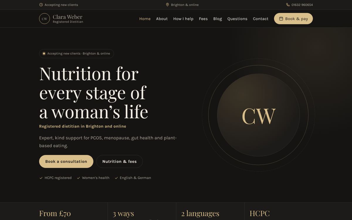 Nocturne website design for nutritionists & dietitians