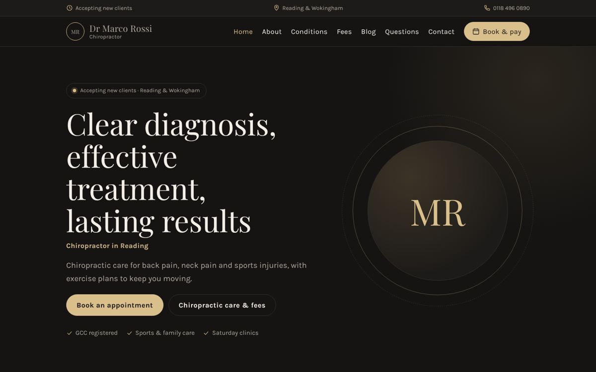 Nocturne website design for physio, osteo & chiro