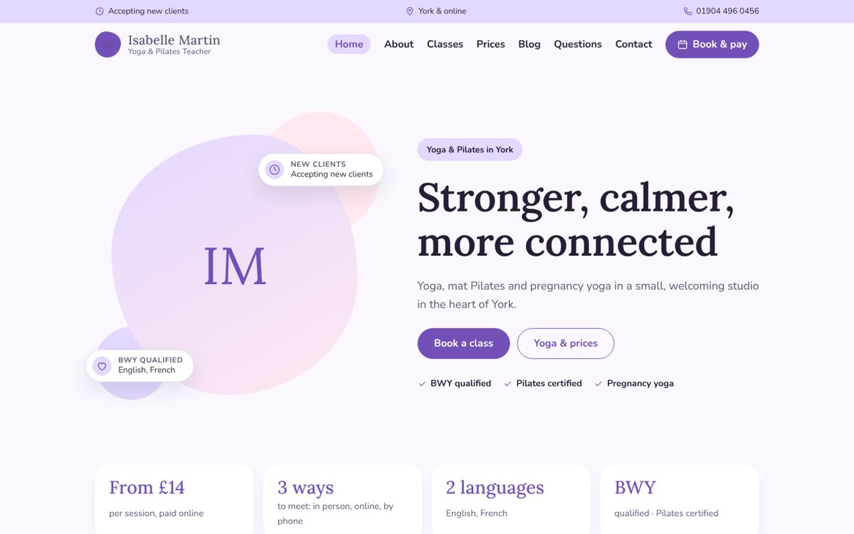 Bloom website design for yoga & pilates