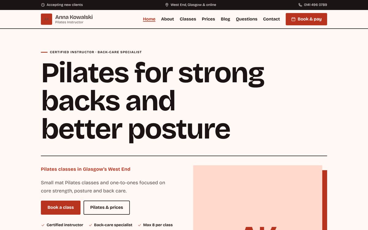 Editorial website design for yoga & pilates