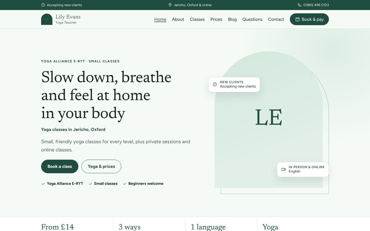 Haven website design for yoga & pilates