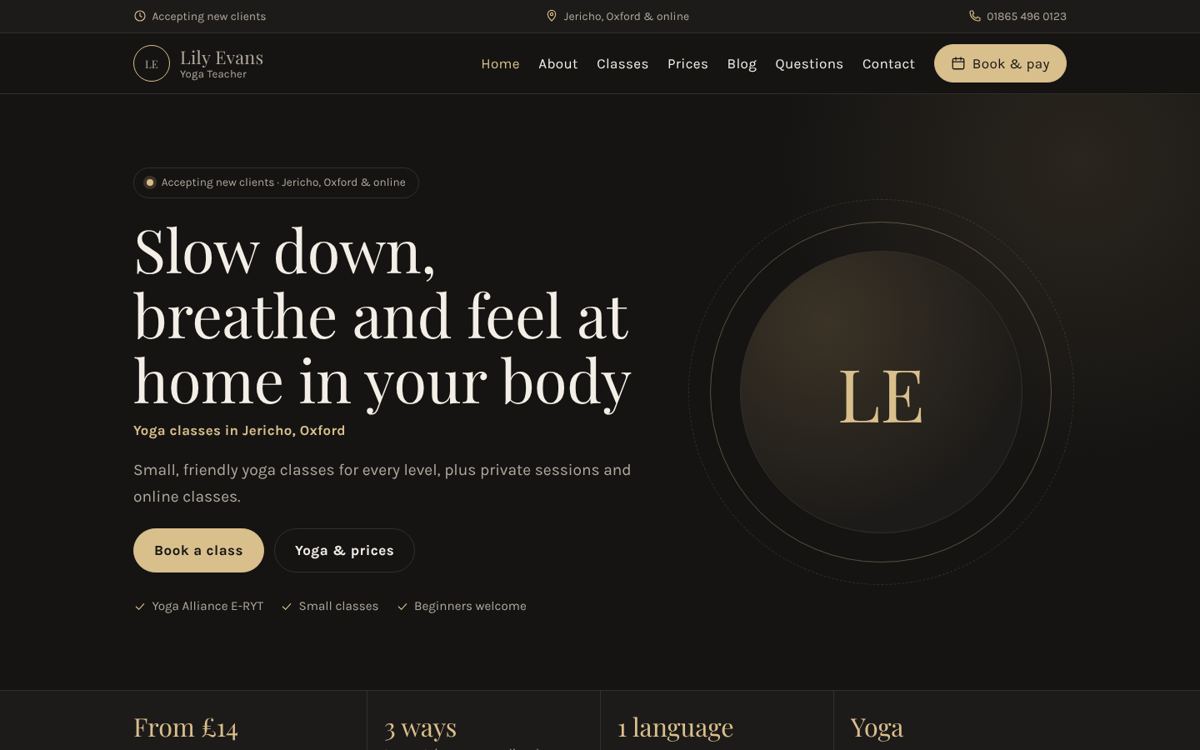 Nocturne website design for yoga & pilates